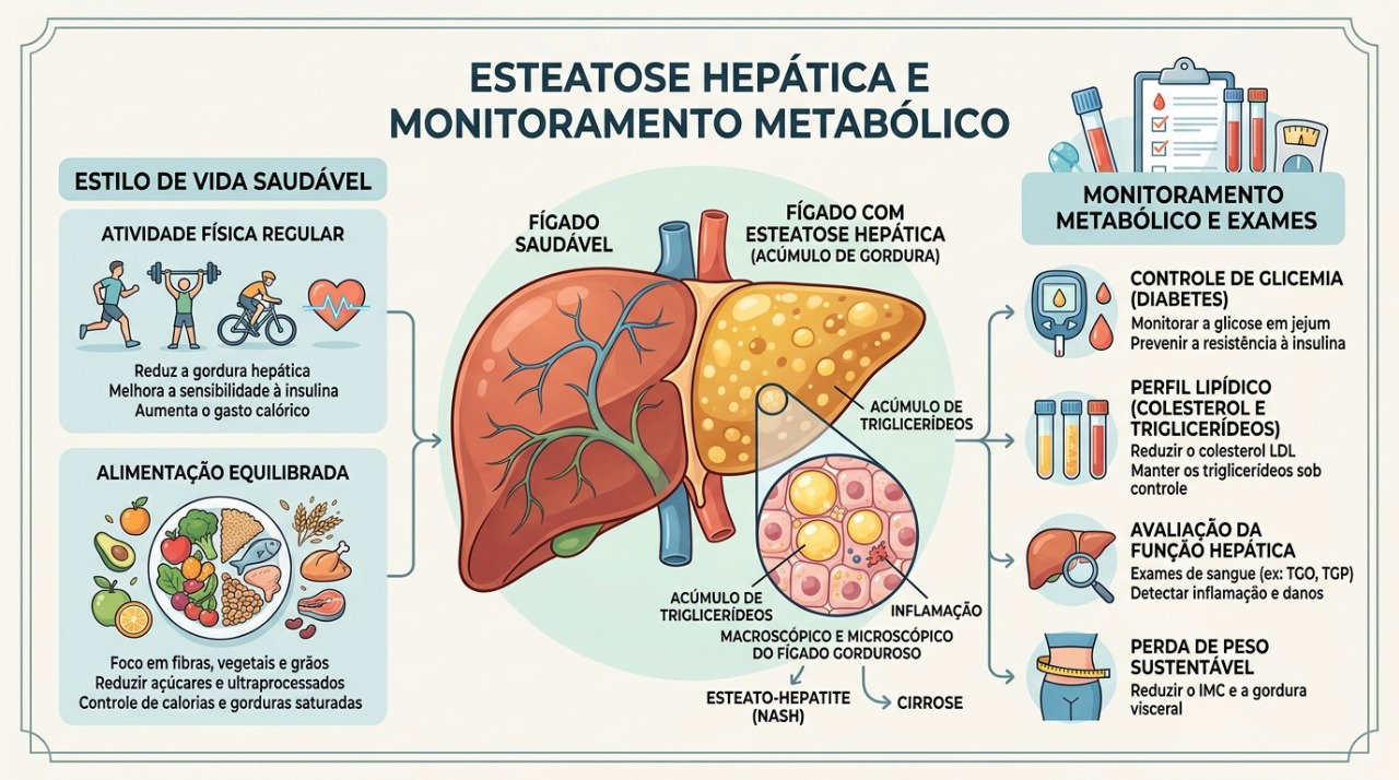 Mudanças no estilo de vida e controle dos fatores metabólicos fazem parte do acompanhamento da gordura no fígado.