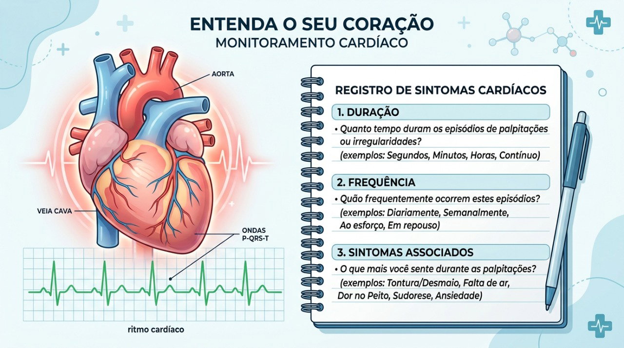 Registrar duração, frequência e sintomas associados pode ajudar na investigação das palpitações.
