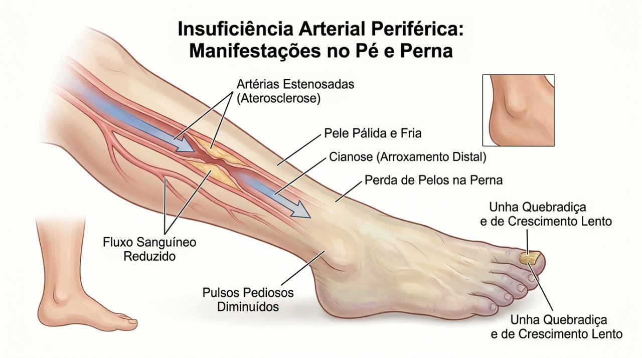 Alterações nas unhas, na pele e na temperatura do pé podem acompanhar a redução do fluxo arterial.