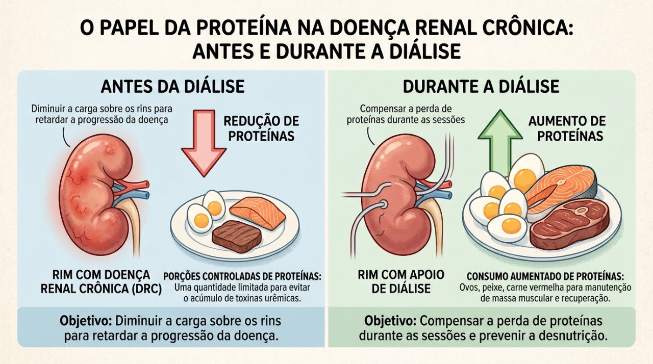 Na doença renal, a necessidade de proteína pode variar conforme a função dos rins e a realização de diálise.