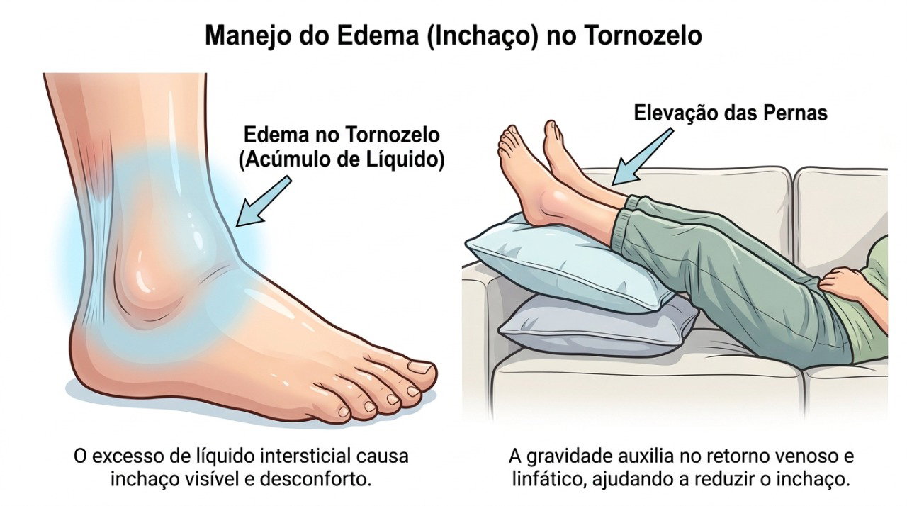 Movimentar as pernas e elevá-las durante o descanso pode ajudar a reduzir o inchaço dos tornozelos.