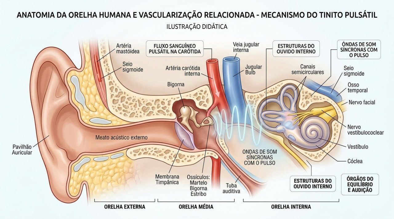 O zumbido pulsante pode estar relacionado ao fluxo sanguíneo próximo às estruturas do ouvido.
