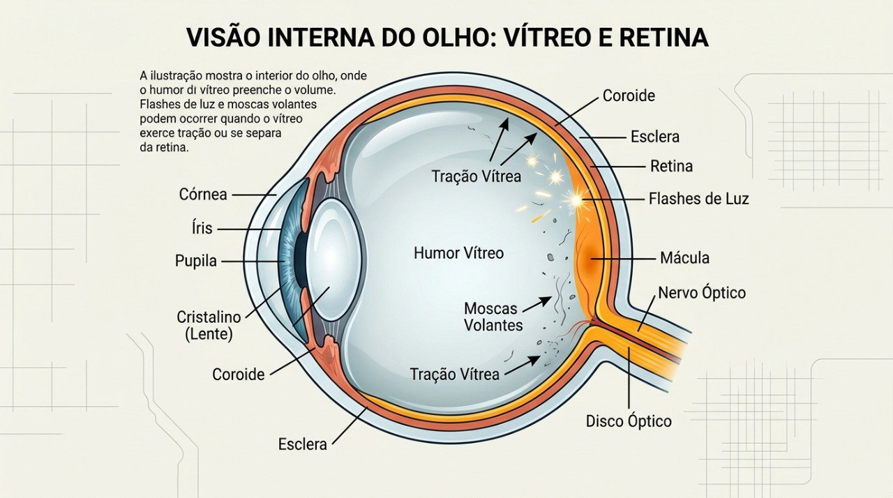 Moscas volantes e flashes podem surgir por alterações no vítreo e, em alguns casos, envolver a retina.