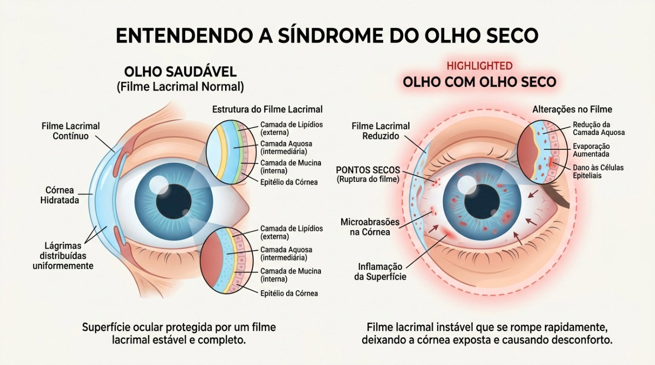 No olho seco, a quantidade ou a qualidade das lágrimas pode não manter a superfície ocular bem lubrificada.