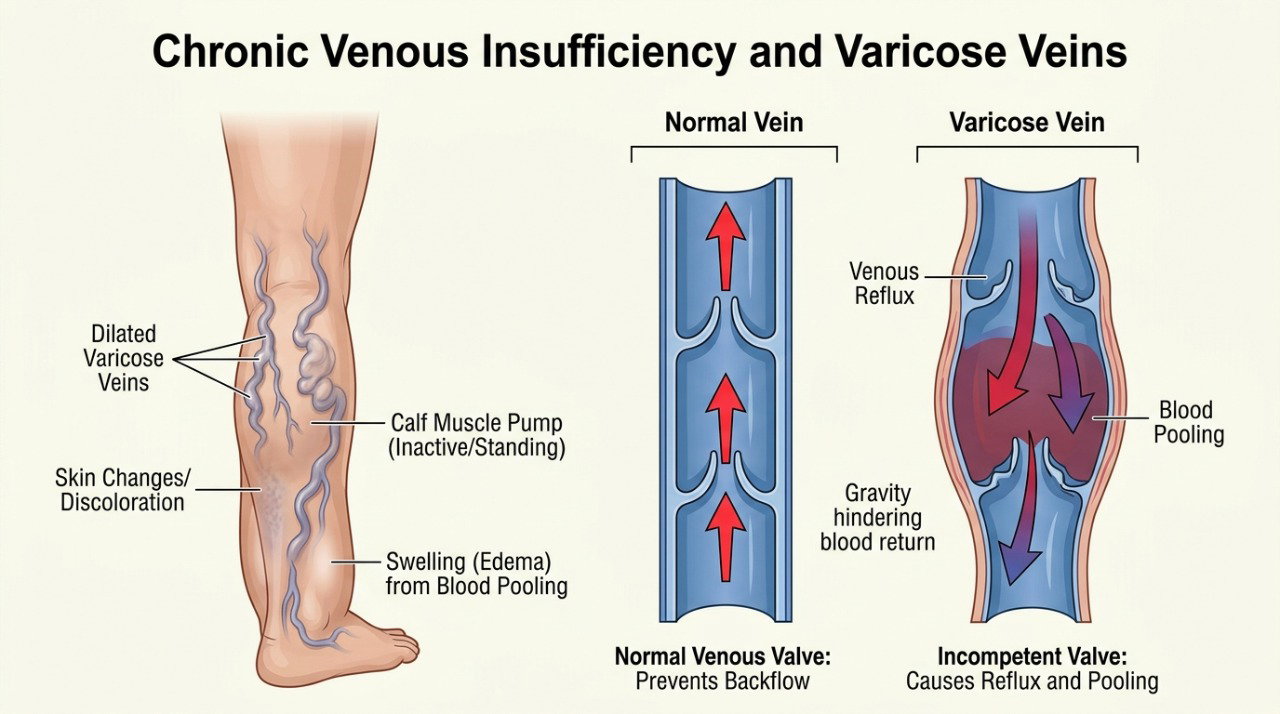 Nas varizes, alterações nas válvulas das veias podem dificultar o retorno do sangue e favorecer inchaço e desconforto.