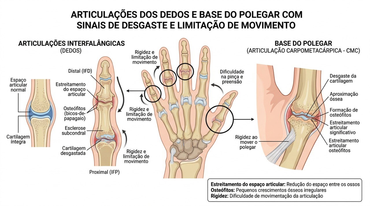 A artrose pode afetar as articulações dos dedos e do polegar, reduzindo força e mobilidade.