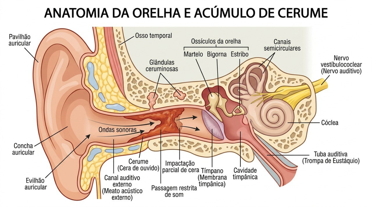 Quando a cera bloqueia o canal auditivo, a passagem do som pode ficar prejudicada.