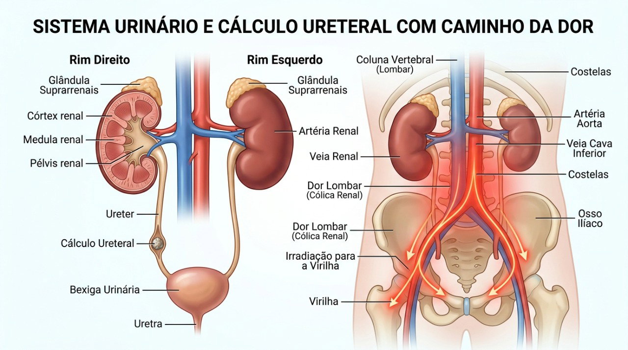A pedra pode se deslocar pelo ureter e provocar dor intensa em ondas ao longo do trajeto urinário.