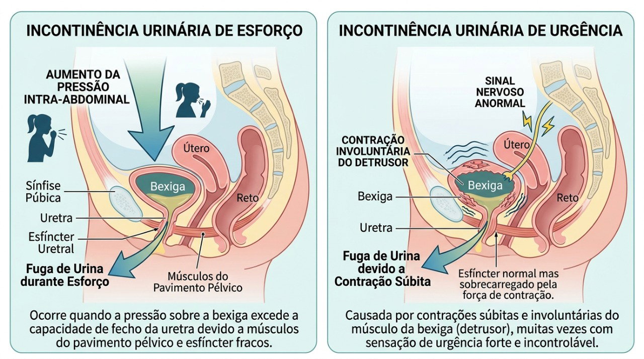 Incontinência de esforço e de urgência apresentam mecanismos e padrões de sintomas diferentes.