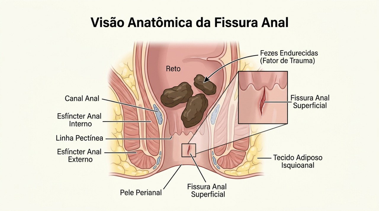 A fissura anal é uma pequena rachadura que pode causar dor forte e sangramento durante a evacuação.