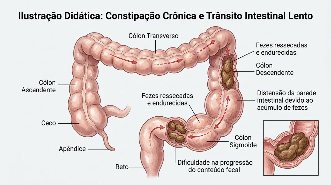 Na constipação, fezes endurecidas e trânsito intestinal lento podem dificultar a evacuação.