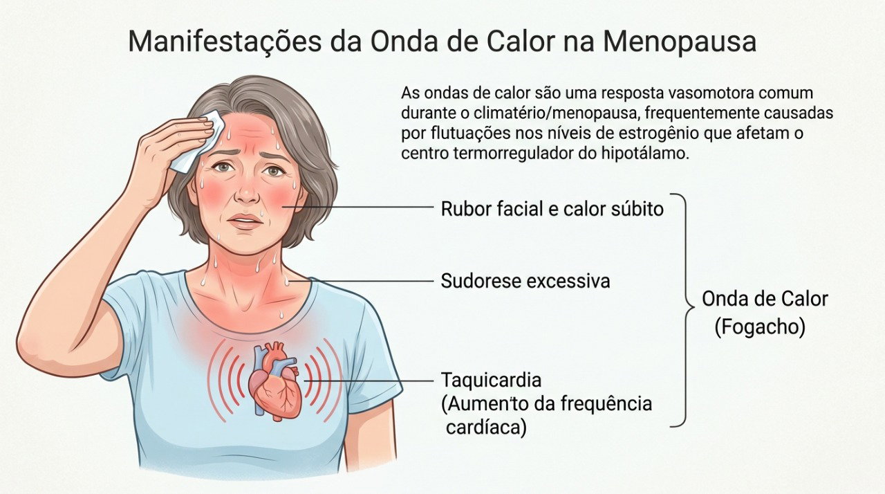 Ondas de calor podem provocar calor súbito, suor e percepção de palpitações durante a menopausa.