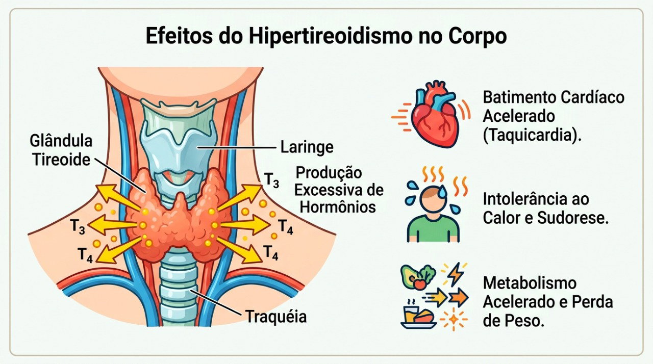 No hipertireoidismo, o excesso de hormônios da tireoide pode acelerar o metabolismo e os batimentos cardíacos.