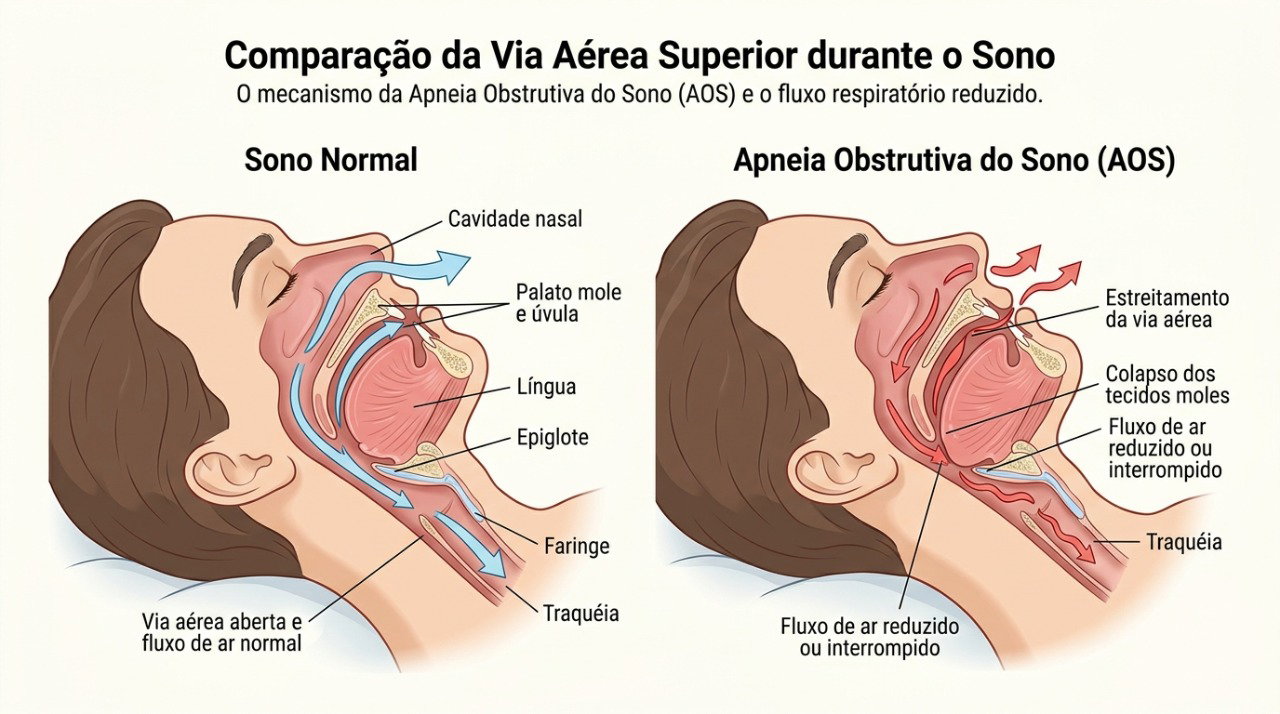 Na apneia obstrutiva do sono, a passagem de ar pode ficar bloqueada repetidamente durante a noite.