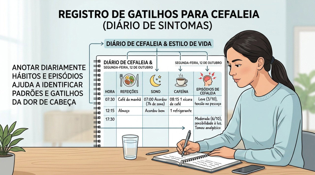 Um diário pode ajudar a identificar padrões entre jejum, cafeína, sono e crises de enxaqueca.