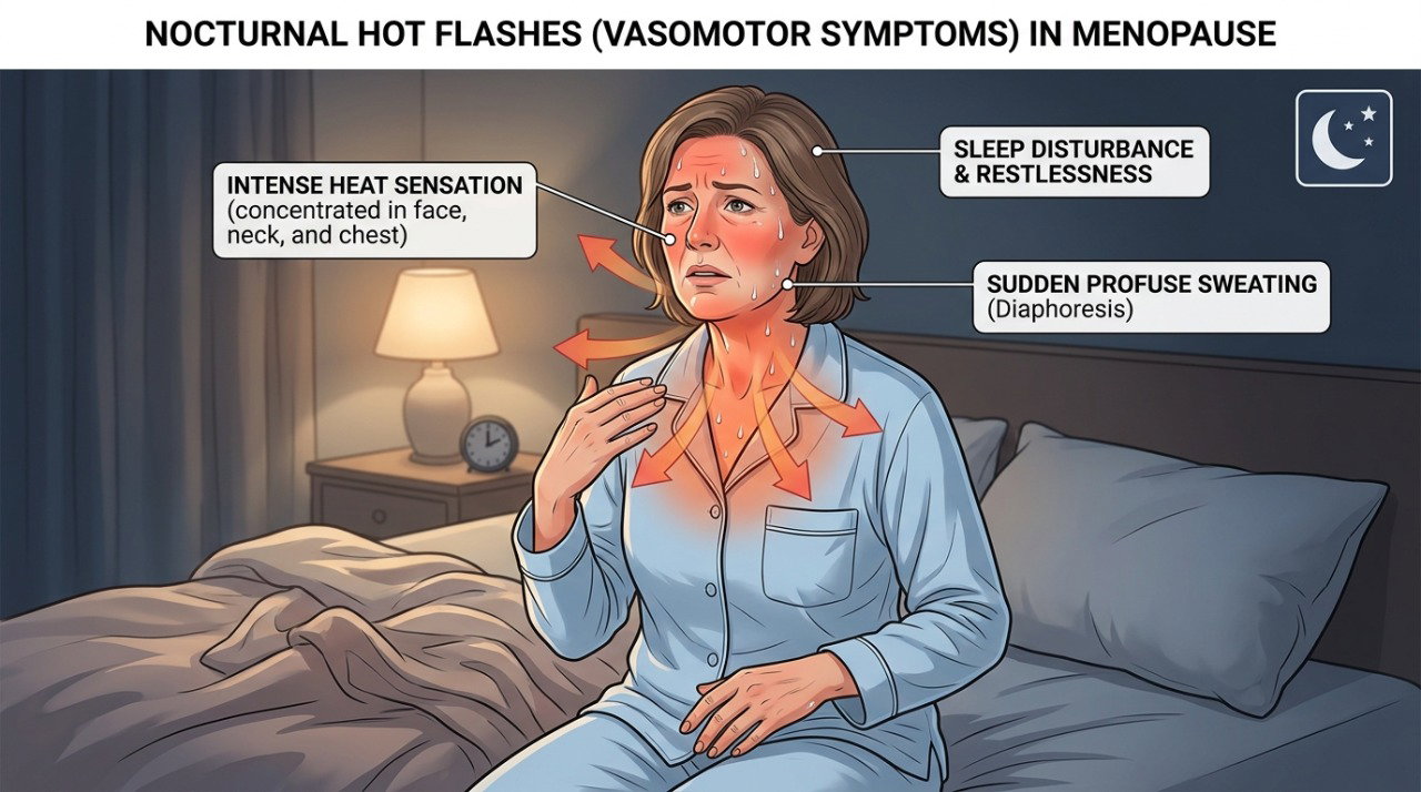 Suores noturnos podem surgir durante a transição menopausal e contribuir para despertares frequentes.