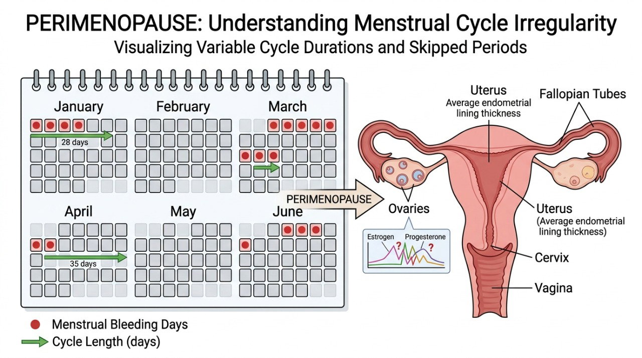 Na perimenopausa, os ciclos podem encurtar, alongar ou até pular alguns meses.