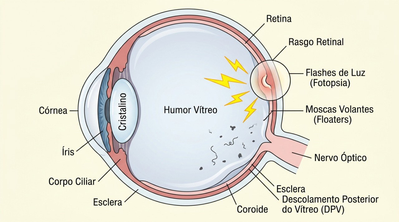 Flashes e muitas moscas volantes novas podem ocorrer quando há tração ou rasgo na retina.