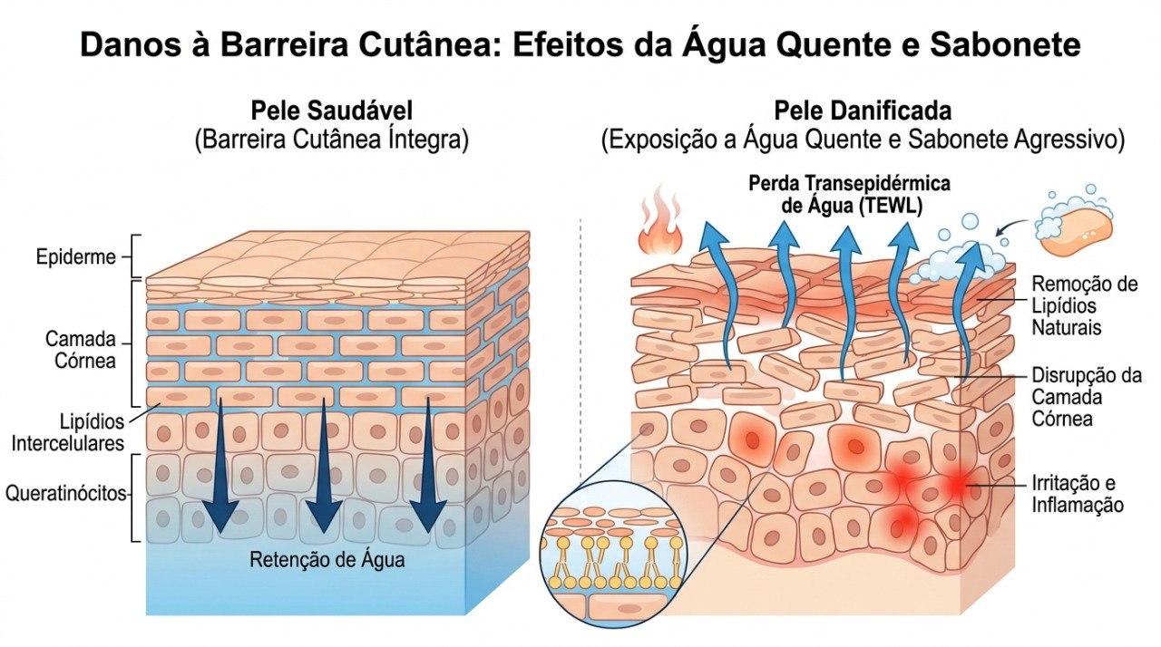 A remoção excessiva da oleosidade natural pode enfraquecer a barreira da pele e favorecer o ressecamento.
