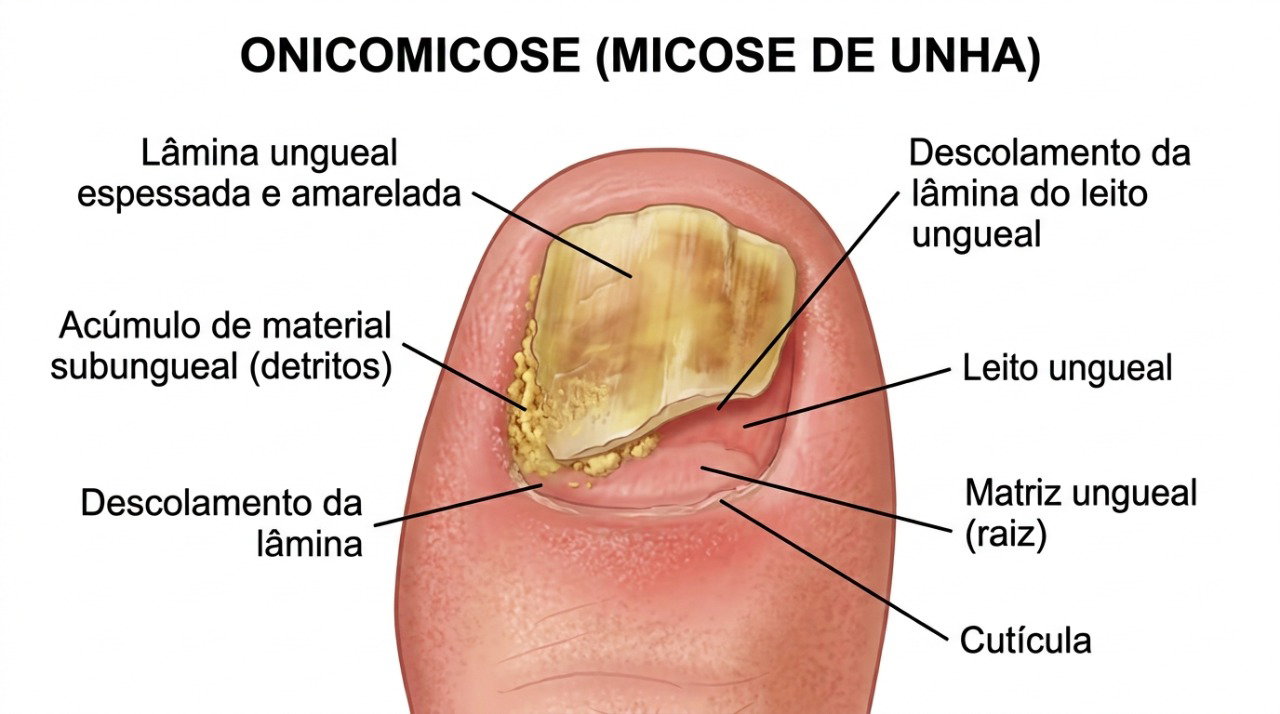 A onicomicose pode causar mudança de cor, espessamento, fragilidade e deformação da unha.
