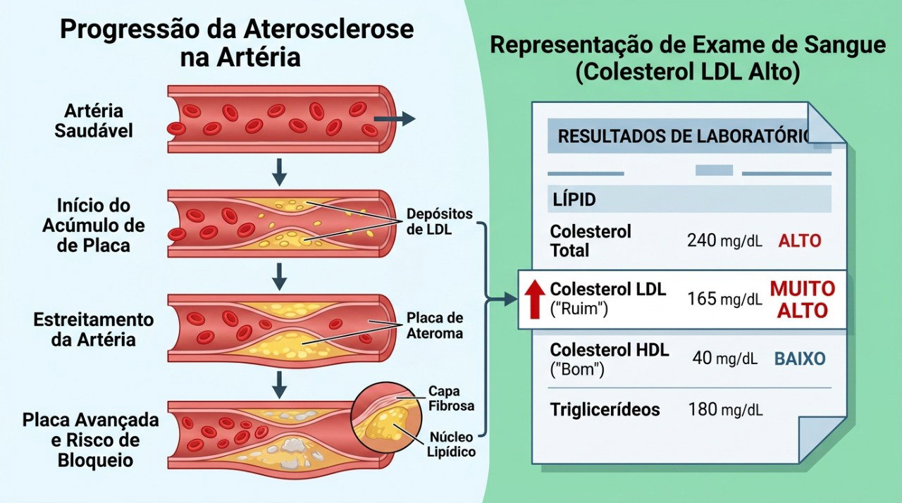 O colesterol alto pode favorecer o acúmulo de placas nas artérias mesmo em pessoas com peso adequado.