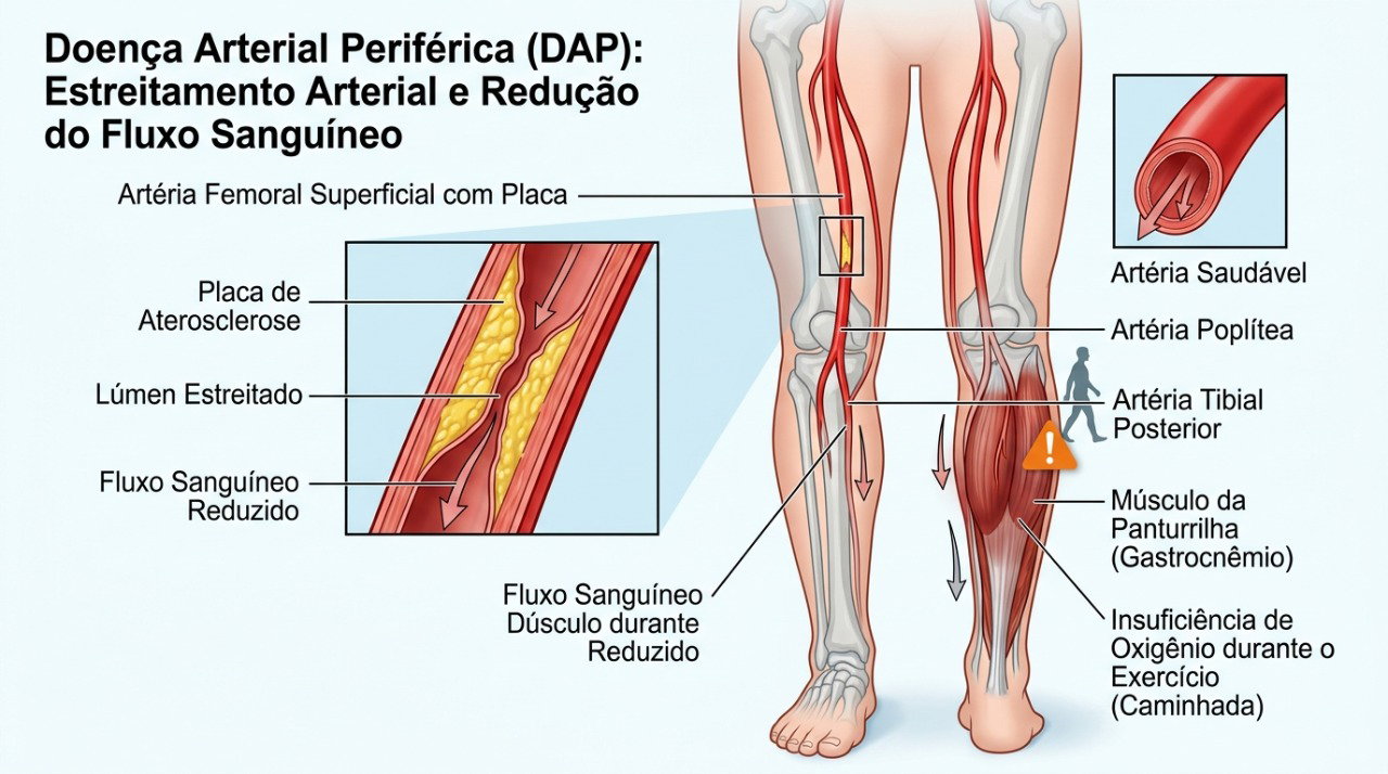O estreitamento das artérias pode reduzir o fluxo de sangue para a panturrilha durante o esforço.