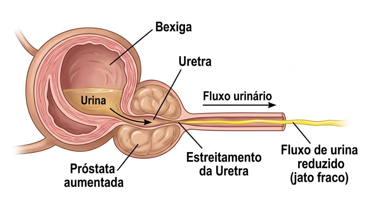 O aumento da próstata pode dificultar a passagem da urina pela uretra.