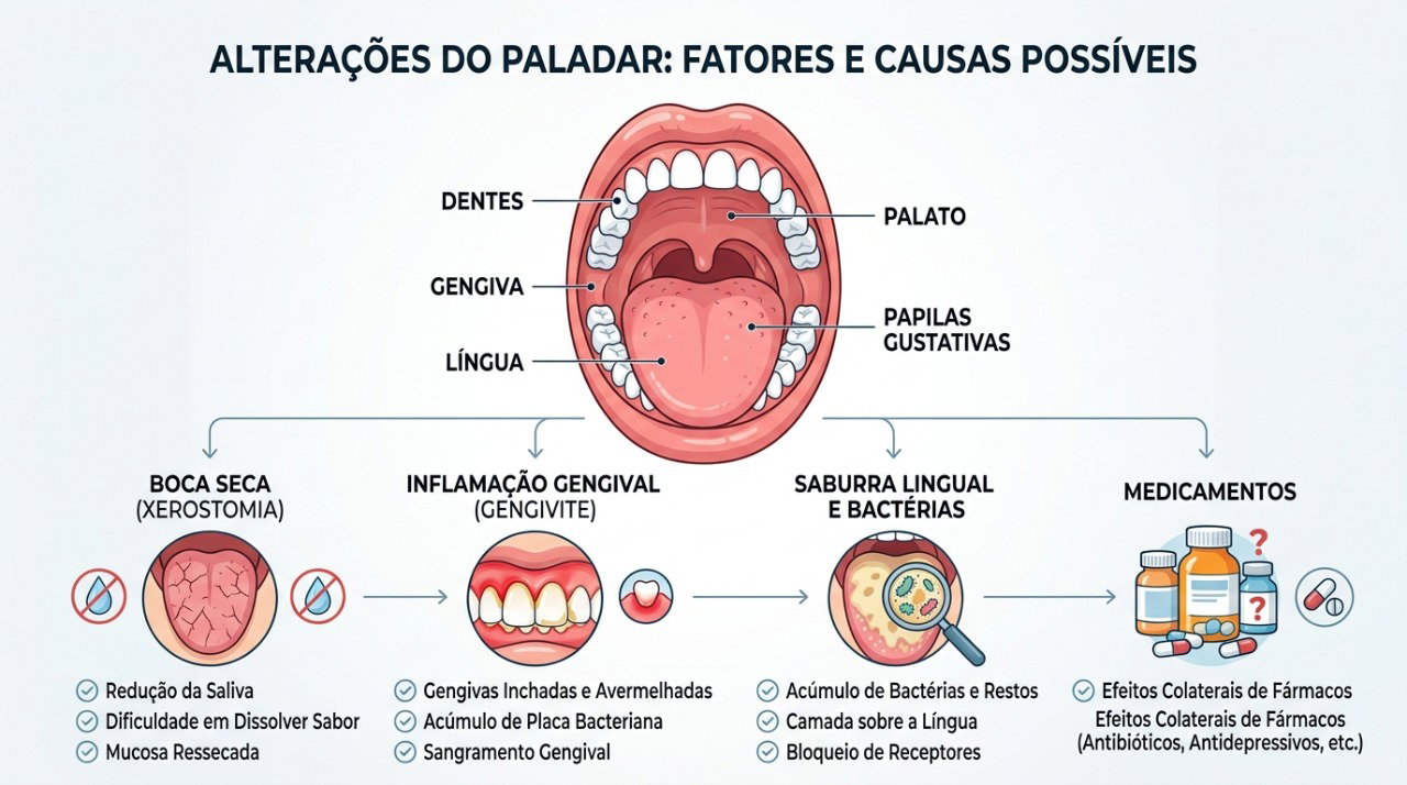 Problemas bucais, boca seca e alguns medicamentos podem contribuir para alterações do paladar.