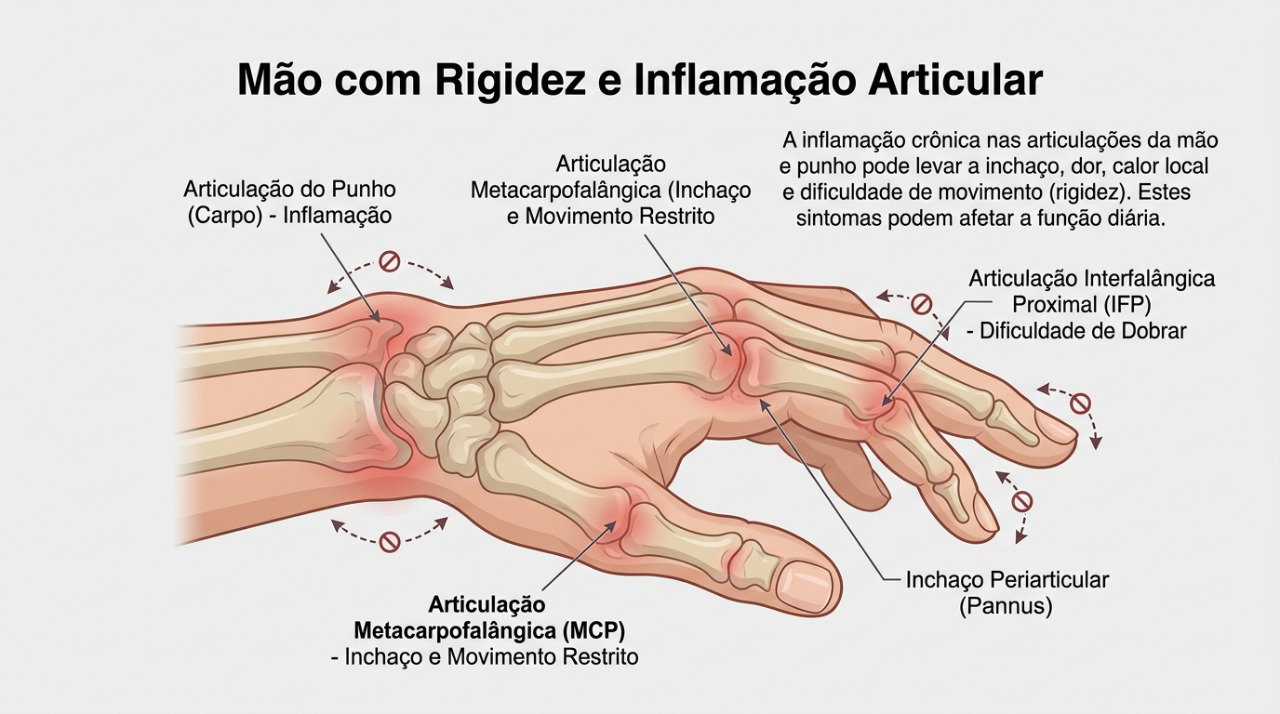 Rigidez prolongada, inchaço e dificuldade para movimentar as mãos podem indicar inflamação articular.