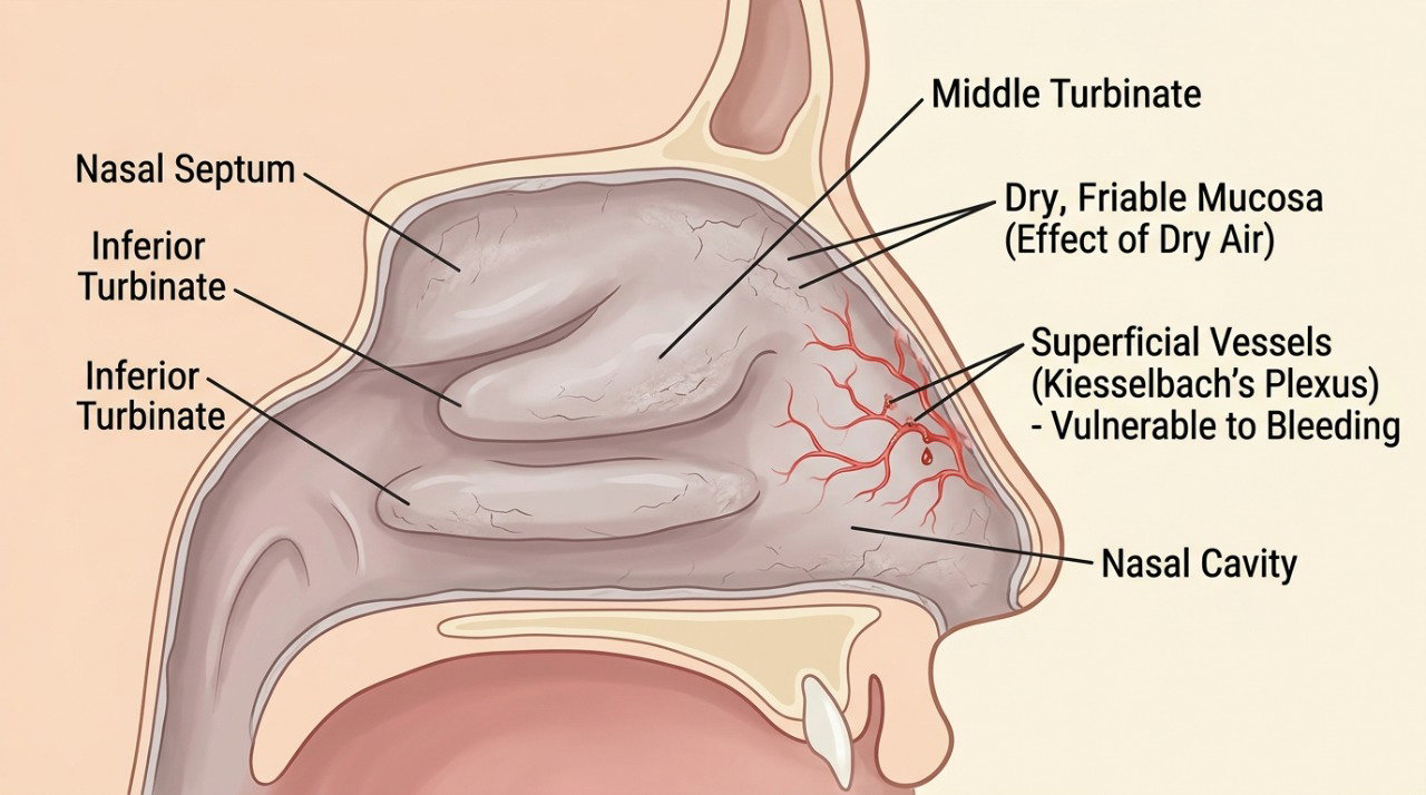 O tempo seco pode ressecar a mucosa nasal e facilitar o rompimento de pequenos vasos.