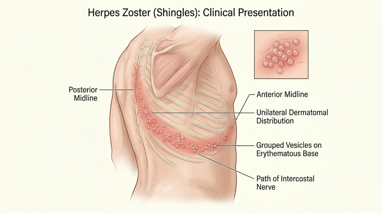 O herpes-zóster costuma formar bolhas agrupadas em uma faixa localizada de apenas um lado do corpo.