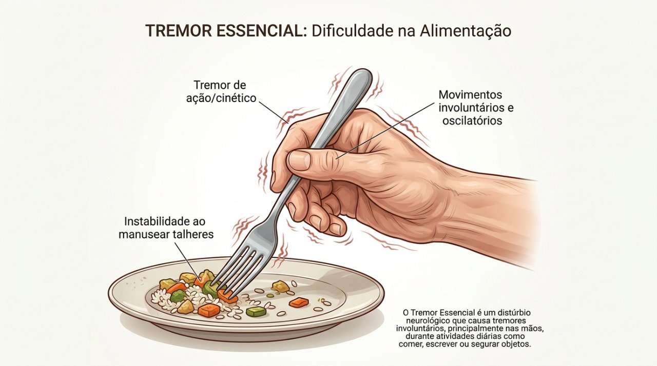 O tremor de ação pode ficar mais evidente ao escrever, comer ou segurar objetos.