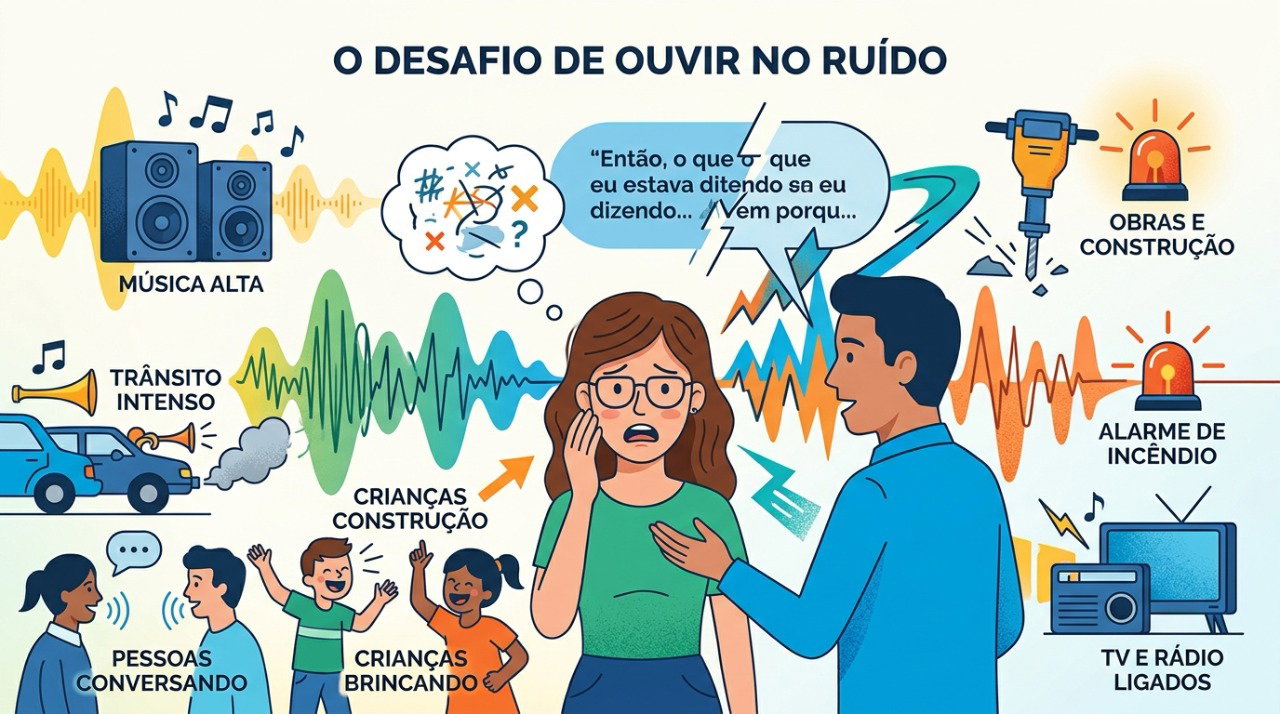 A perda auditiva pode dificultar especialmente a compreensão da fala quando há ruído de fundo.