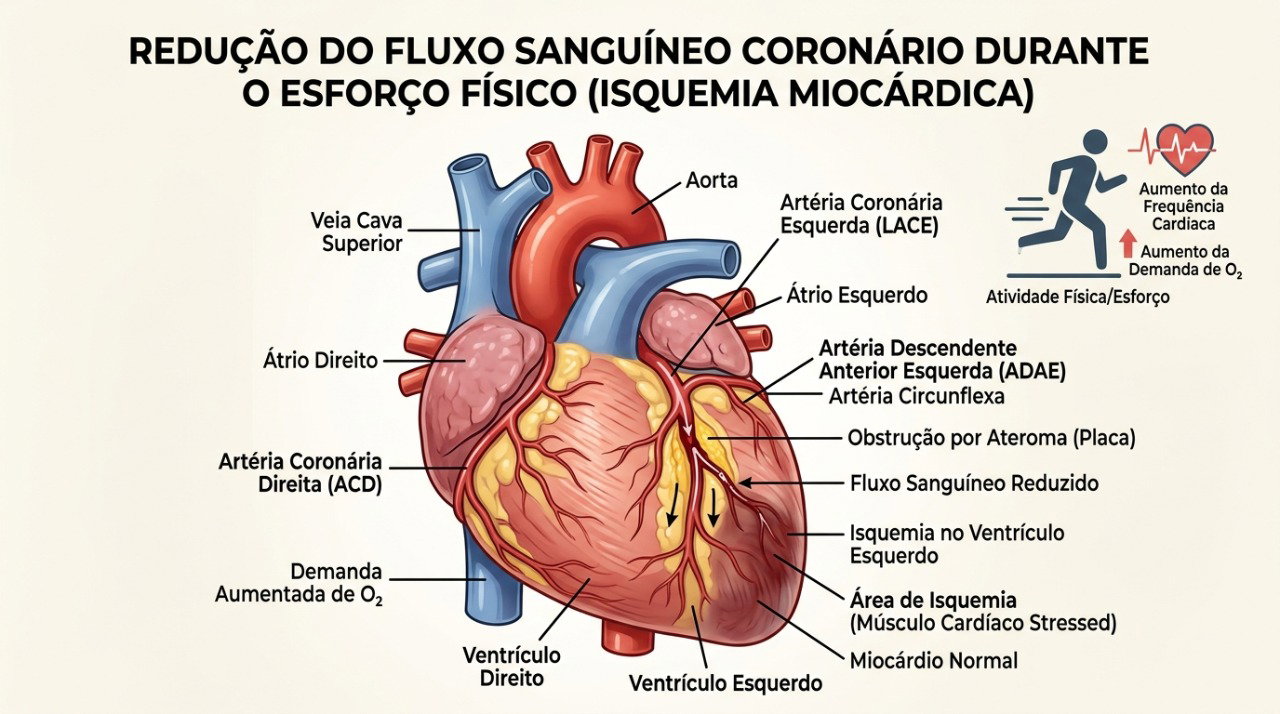 A angina pode surgir quando o fluxo de sangue para o coração não acompanha o aumento da demanda durante o esforço.