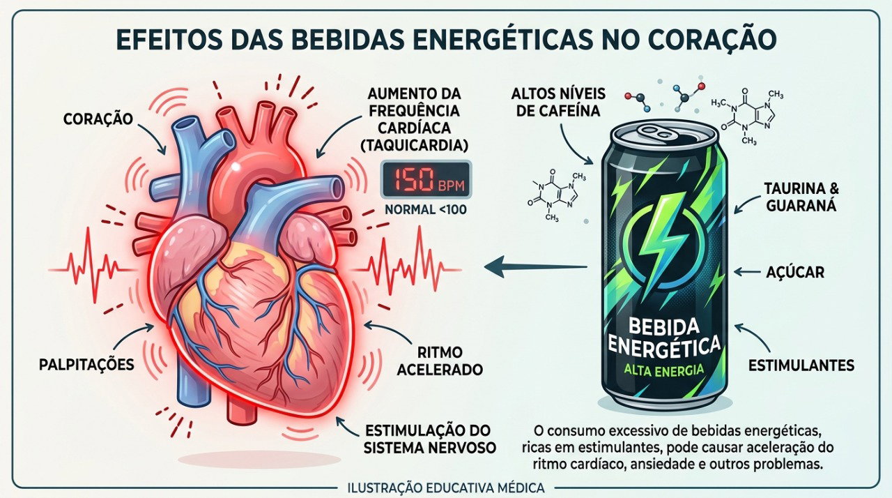 A cafeína dos energéticos pode aumentar temporariamente a frequência cardíaca e provocar palpitações em pessoas sensíveis.