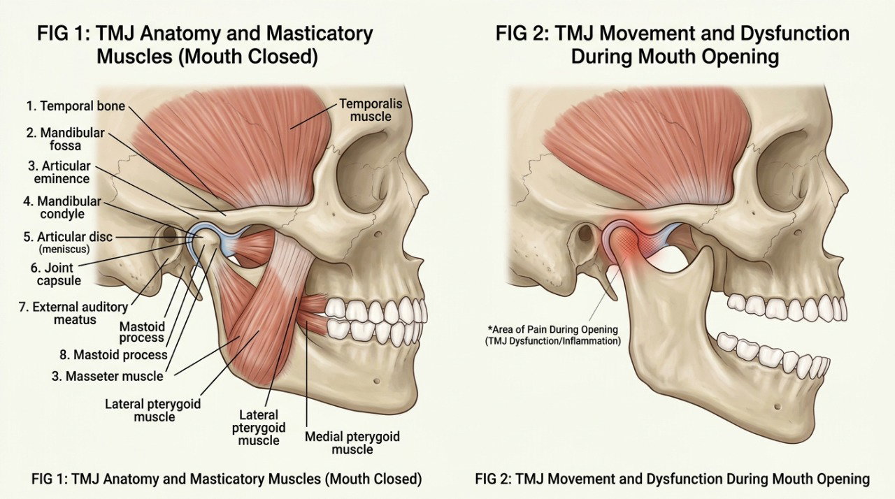 A articulação temporomandibular e os músculos da mastigação podem causar dor, estalos e limitação dos movimentos.