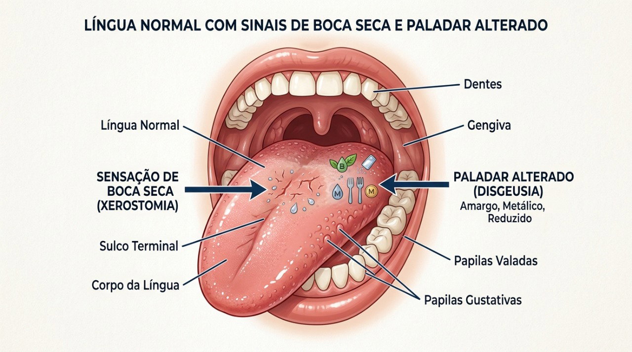 Boca seca e alterações de sensibilidade podem estar relacionadas à ardência na língua.