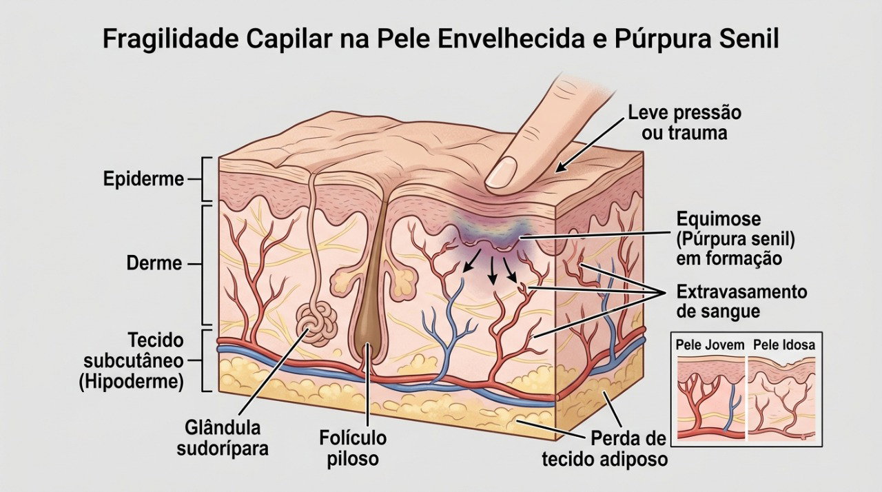 Com o envelhecimento, a pele mais fina pode facilitar o aparecimento de hematomas.
