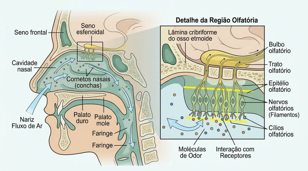 Alterações nas vias nasais ou nos nervos do olfato podem reduzir a percepção de cheiros.