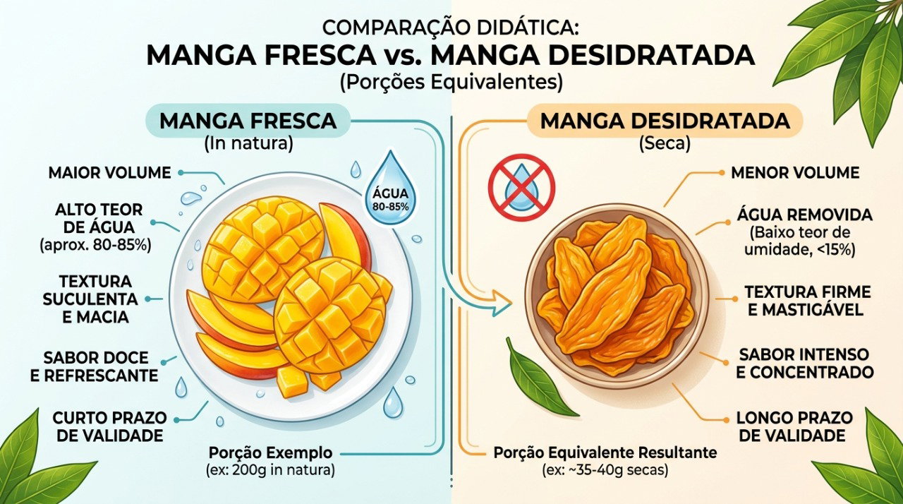 A secagem reduz a água e concentra a fruta em uma porção menor.