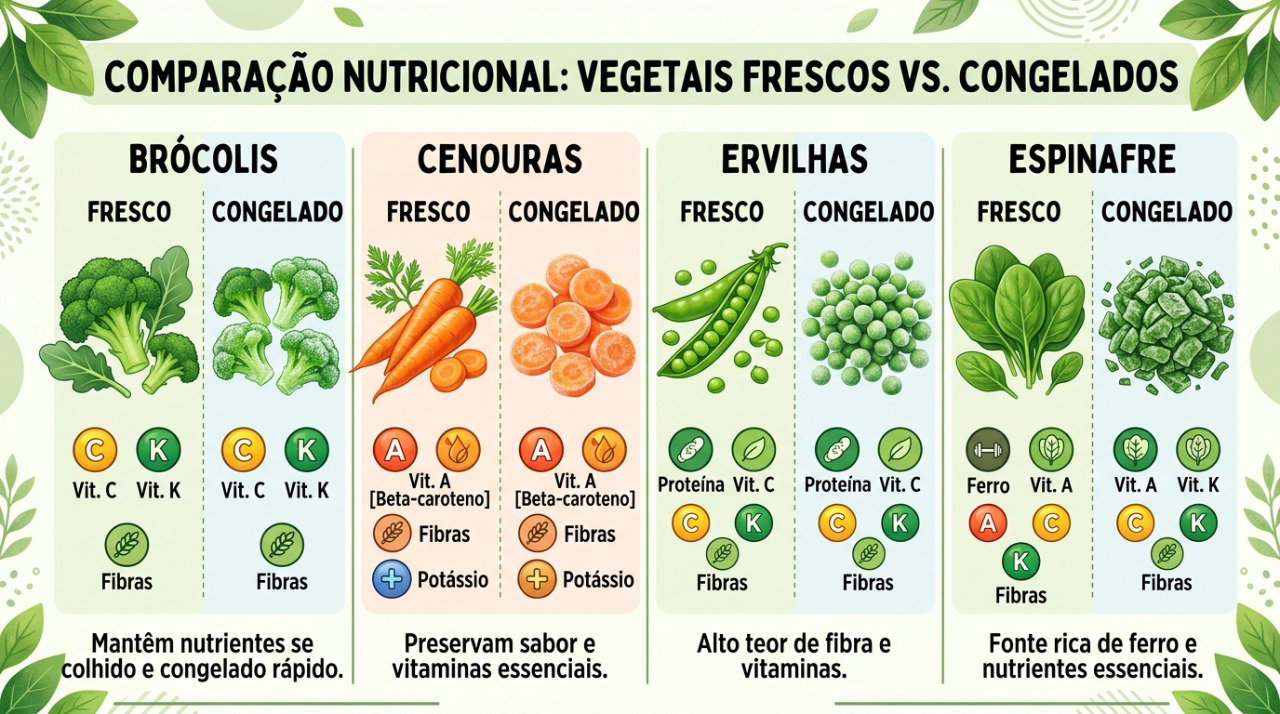 Vegetais frescos e congelados podem apresentar teores semelhantes de vitaminas e minerais.