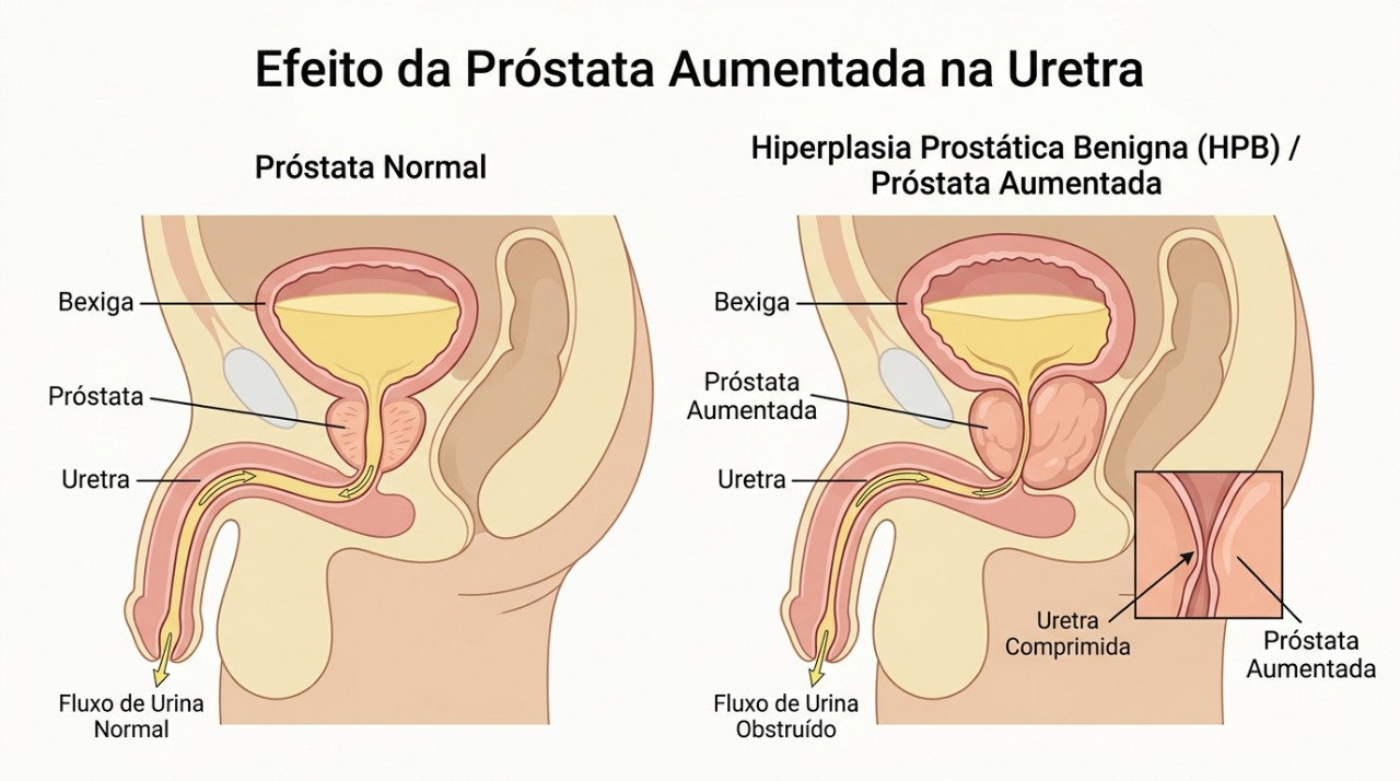 O aumento benigno da próstata pode comprimir a uretra e dificultar o fluxo urinário.