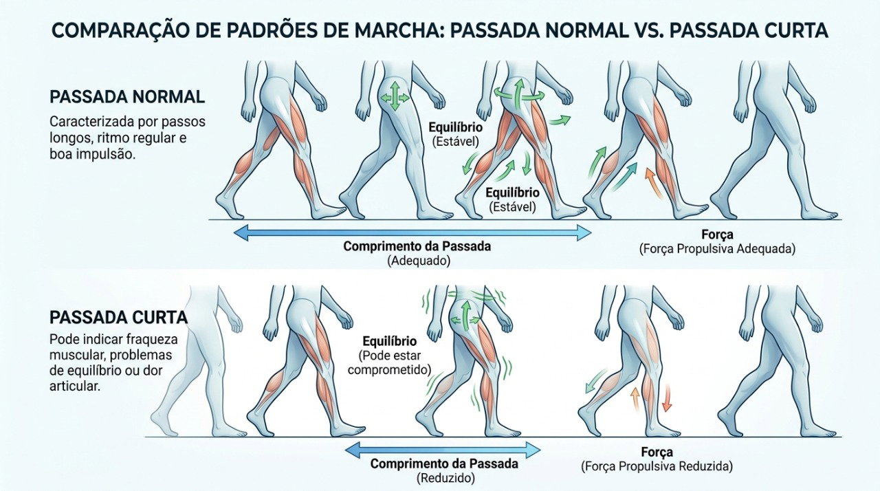 Força, equilíbrio e mobilidade das articulações influenciam o comprimento e a velocidade dos passos.
