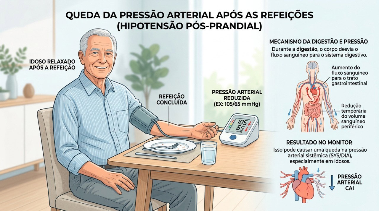 A pressão arterial pode diminuir após as refeições em pessoas com hipotensão pós-prandial.