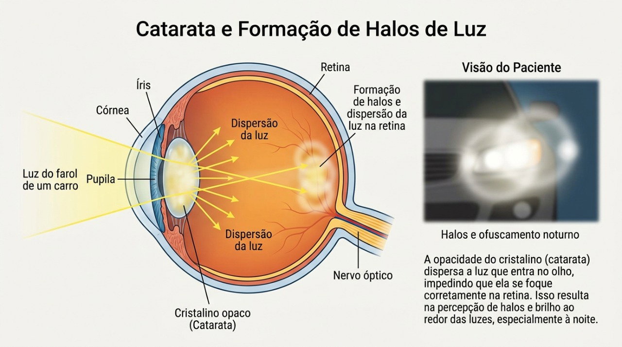 Na catarata, a opacidade do cristalino pode espalhar a luz e aumentar halos e sensibilidade ao brilho.