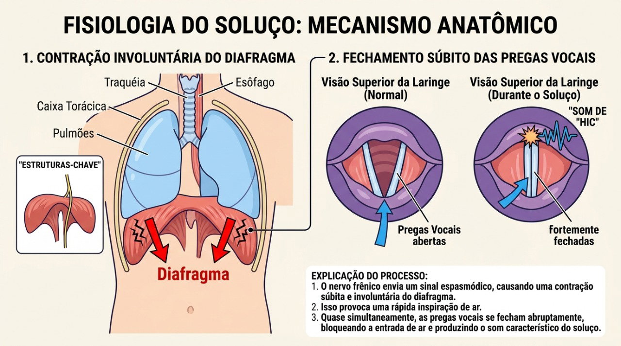 O soluço começa com uma contração involuntária do diafragma seguida pelo fechamento das cordas vocais.
