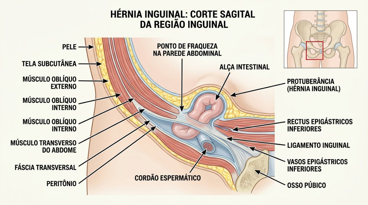A hérnia inguinal ocorre quando tecido interno atravessa uma região enfraquecida da parede abdominal.