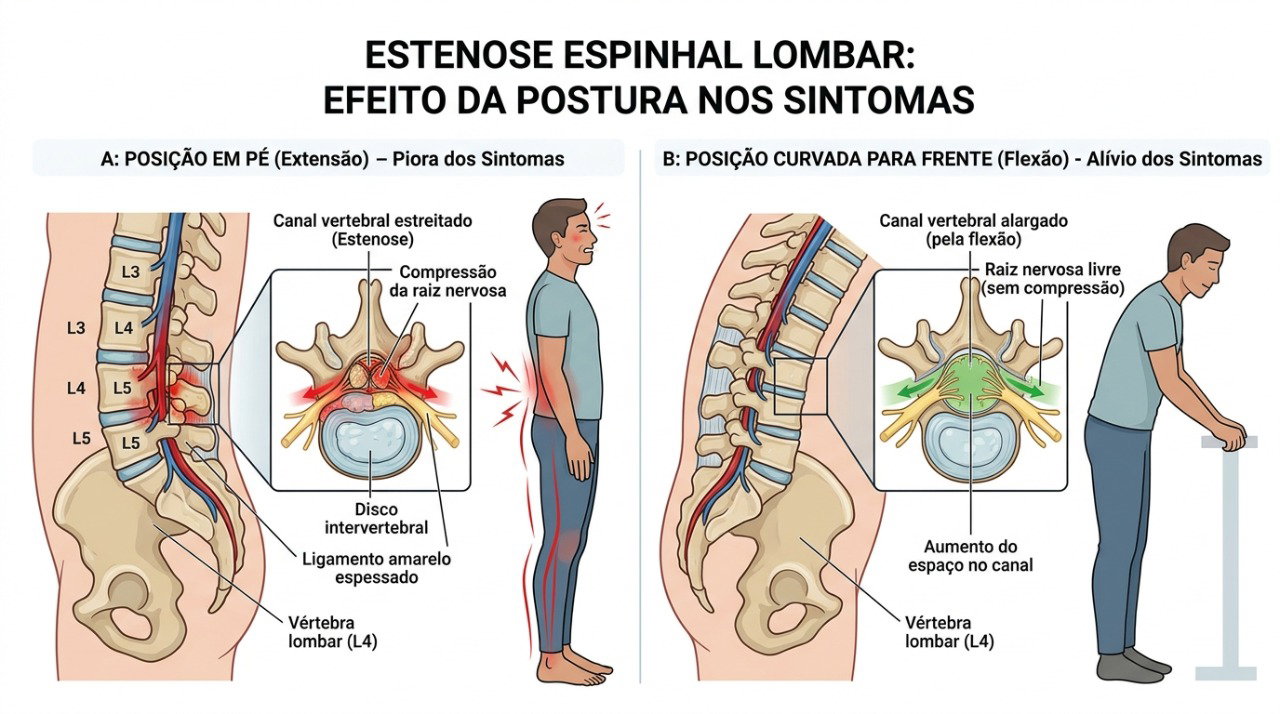 A estenose lombar pode comprimir nervos e causar dor, formigamento ou fraqueza nas pernas durante a caminhada.
