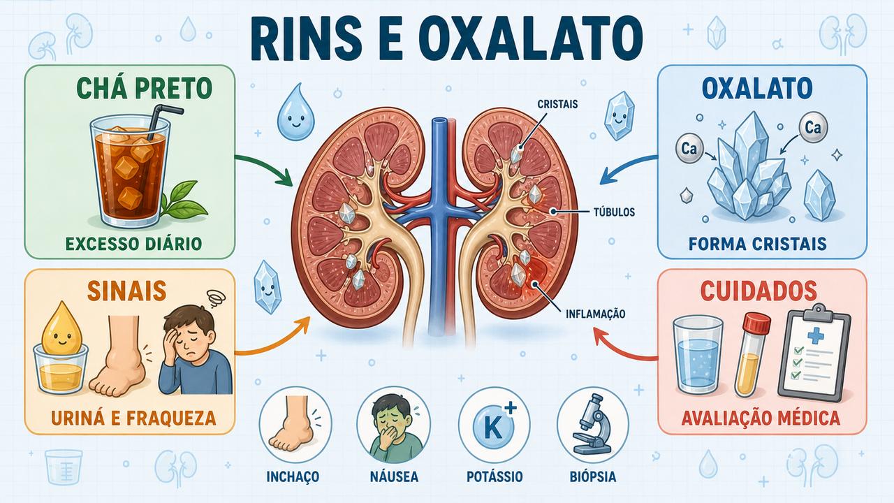 Infográfico resume excesso de oxalato, cristais renais, sinais e cuidados médicos.