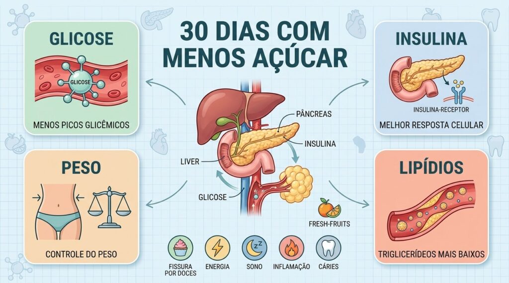 Reduzir açúcar envolve glicose, insulina, peso e triglicerídeos, além de hábitos alimentares sustentáveis.